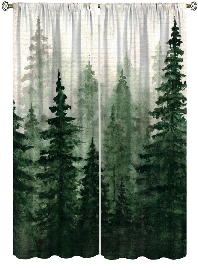 SENRUEGT Green Forest Window Curtains, Watercolor Misty Forest Trees Natural Landscape Printed Bedroom Living Room Kitchen Blackout Drapes 42x54 Inch - Image 1